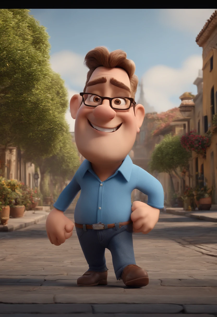 Cartoon character of a man with black glasses and a blue shirt, animation character, Caractere estilizado, animation style rendering, 3D estilizado, Arnold Maya render, 3 d render stylized, toon render keyshot, Personagem 3D, Personagem 3D, 3d rendering stylized, 3 d character render, personagem de desenho animado, Personagem de close up, Pose de personagem, (Estilo Pixar) (master part:1.2) (Bokeh) (best quality) (pele detalhada) (textura detalhada) (8k) (argila) (Cinematic lighting) (foco nítido