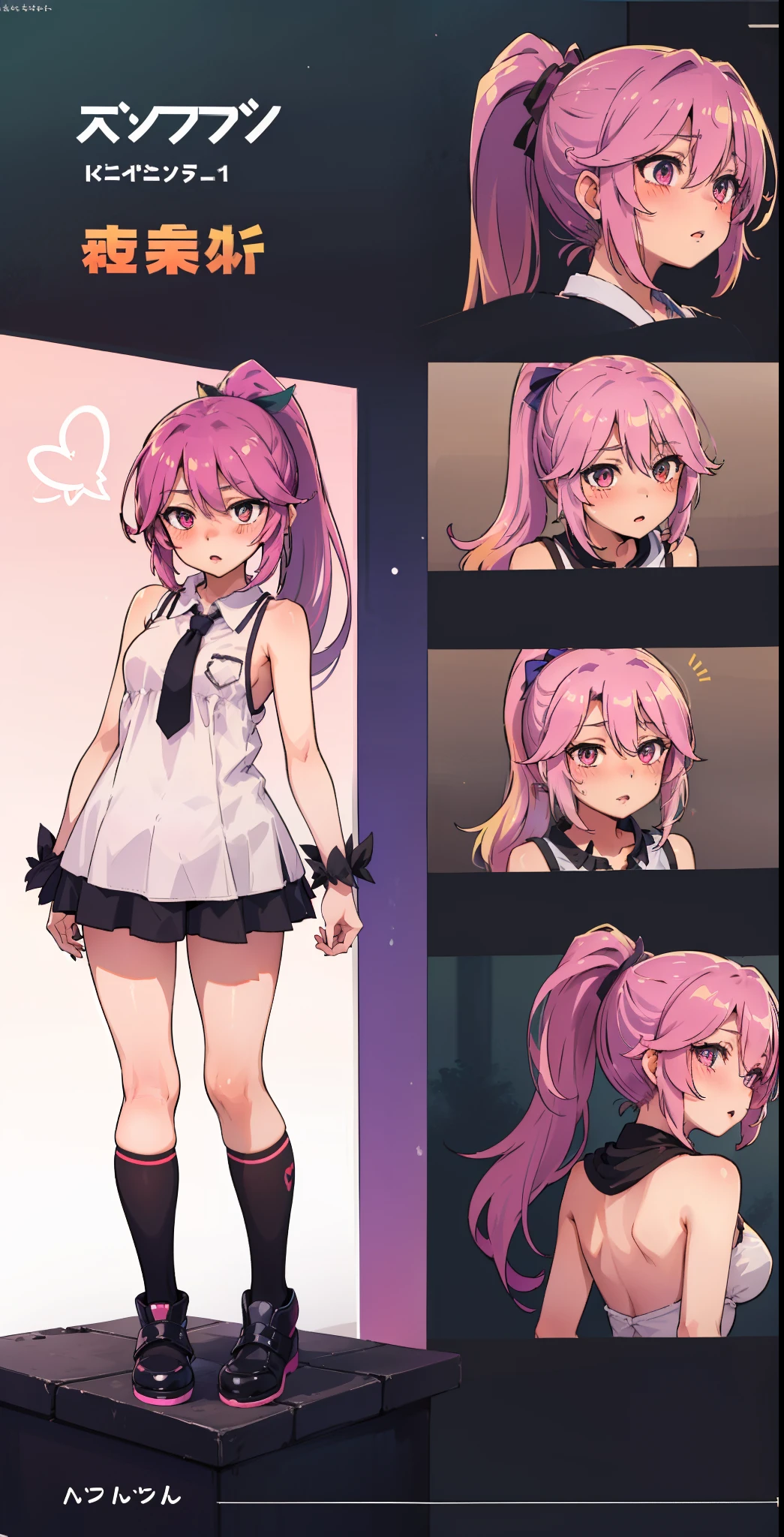 Jibril, (standing), blushed, perfect anatomy, detailed eyes, detailed lips, extremely detailed eyes and face, vivid colors, sharp focus, masterpiece:1.2, ultra-detailed, blushed, ((doggystyle)), (solo), ((tie)), sleeveless, ((((ponytail)))), (((Character design sheet, same character, front, side, back))).