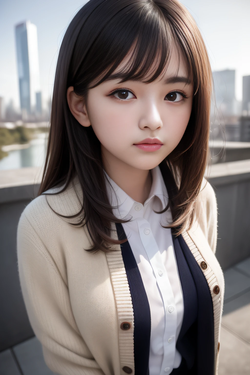 top-quality、​masterpiece、(reallistic:1.2)、Medium shot of 20-year-old brunette in shirt and cardigan、high camera angle、look up to、The background skyline is out of focus、A detailed face、beautidful eyes、Beautiful lines，
