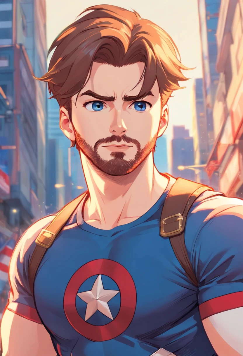 "A detailed illustration of Chris Evans as Captain America wearing a t-shirt, Olhando para o horizonte."