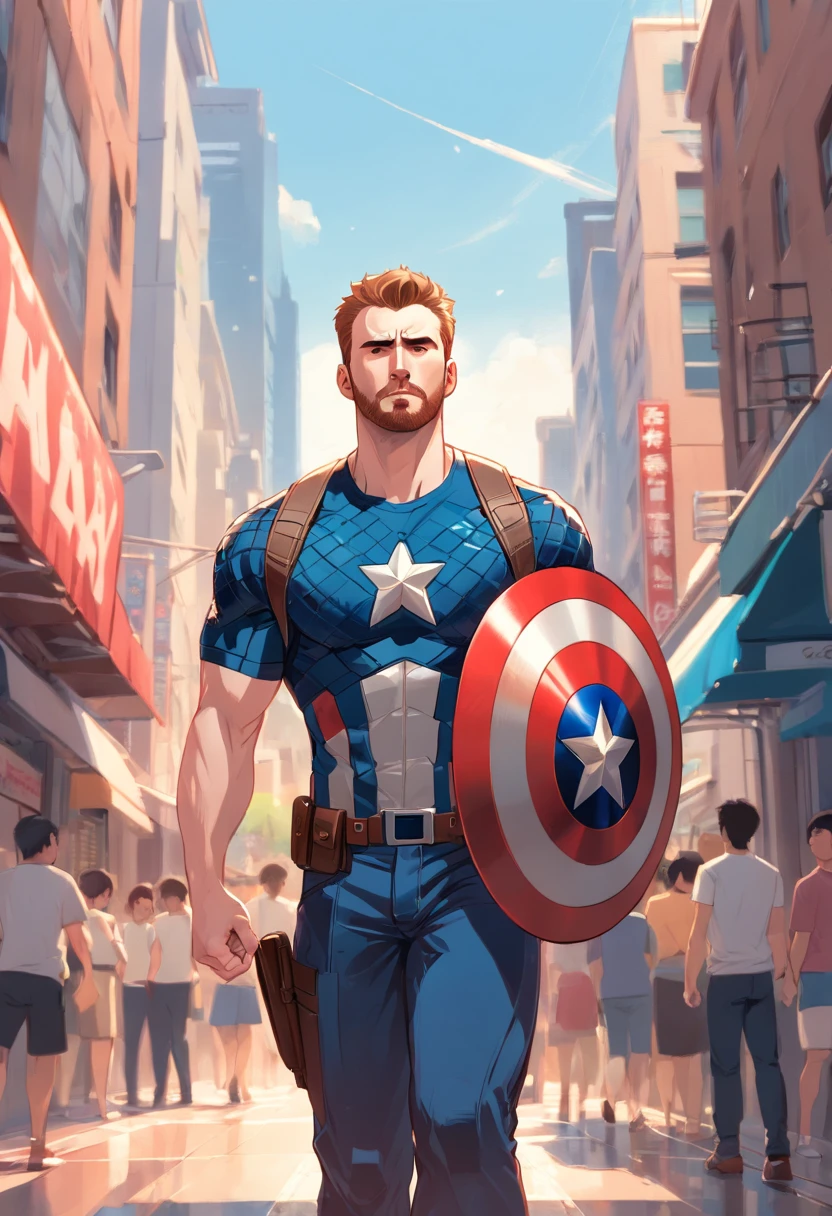"A detailed illustration of Chris Evans as Captain America wearing a t-shirt, Olhando para o horizonte."