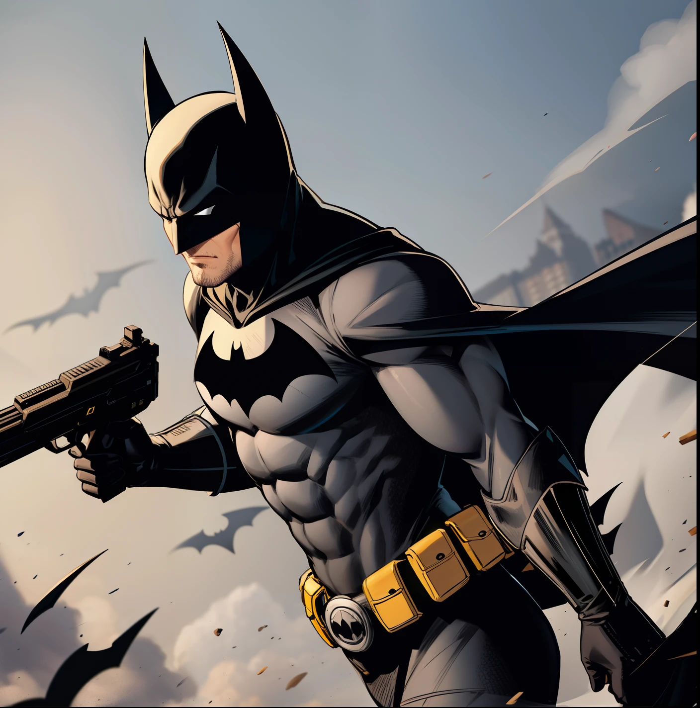 batman,grey bodysuit,utility belt,black cape,black gloves,superhero,holding,a gun