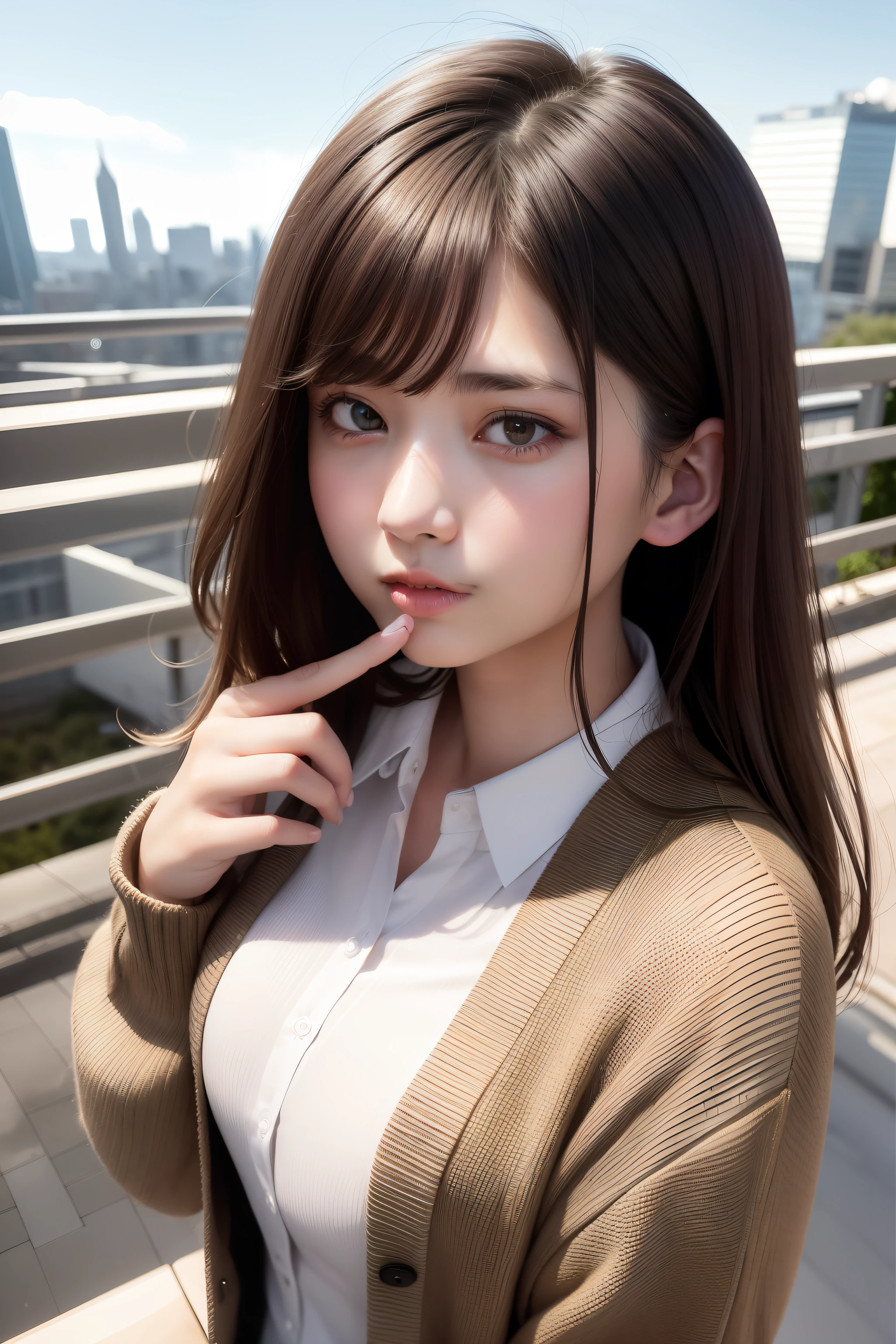 top-quality、​masterpiece、(reallistic:1.2)、Medium shot of 20-year-old brunette in shirt and cardigan、high camera angle、look up to、Background skyline is out of focus、A detailed face、beautidful eyes、Beautiful lines，