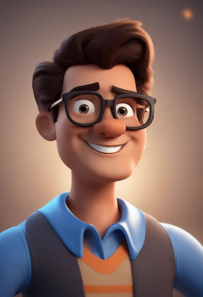 Cartoon character of a man with black glasses and a blue shirt, animation character, Caractere estilizado, animation style rendering, 3D estilizado, Arnold Maya render, 3 d render stylized, toon render keyshot, Personagem 3D, Personagem 3D, 3d rendering stylized, 3 d character render, personagem de desenho animado, Personagem de close up, Pose de personagem,  (Estilo Pixar) (master part:1.2) (Bokeh) (best quality) (pele detalhada) (textura detalhada) (8k) (argila) (Cinematic lighting) (foco nítido