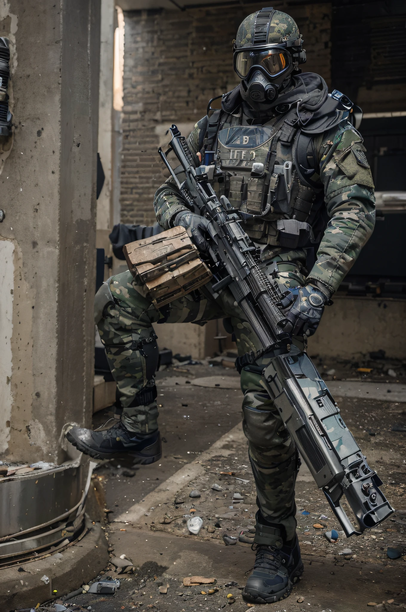 soldier in modern tactical suit, blue and white camouflage cyborg armor, gas mask with glasses, bulletproof vest, belt with ammunition, black, highly detailed hands, black gloves, carries a very large advanced cyborg weapon, tubes and cables, is in a City modern, Fire, smoke, debris, hyperrealistic, 4k, Ultra detailed image, realistic, Highly detailed, perfect composition, gorgeous, Intricately detailed, incredibly detailed, Art photography 8K, hyper detailed, Masterpiece, Ultra detailed, hyper realistic, 4k, Ultra detailed image, realistic, Highly detailed, perfect composition, beautiful, intricately detailed, incredibly detailed, art photography 8k, hyper detailed, masterpiece