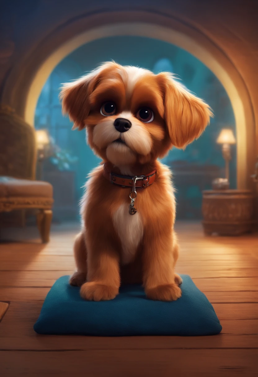 A close up of a dog sitting on a pillow on a floor - SeaArt AI