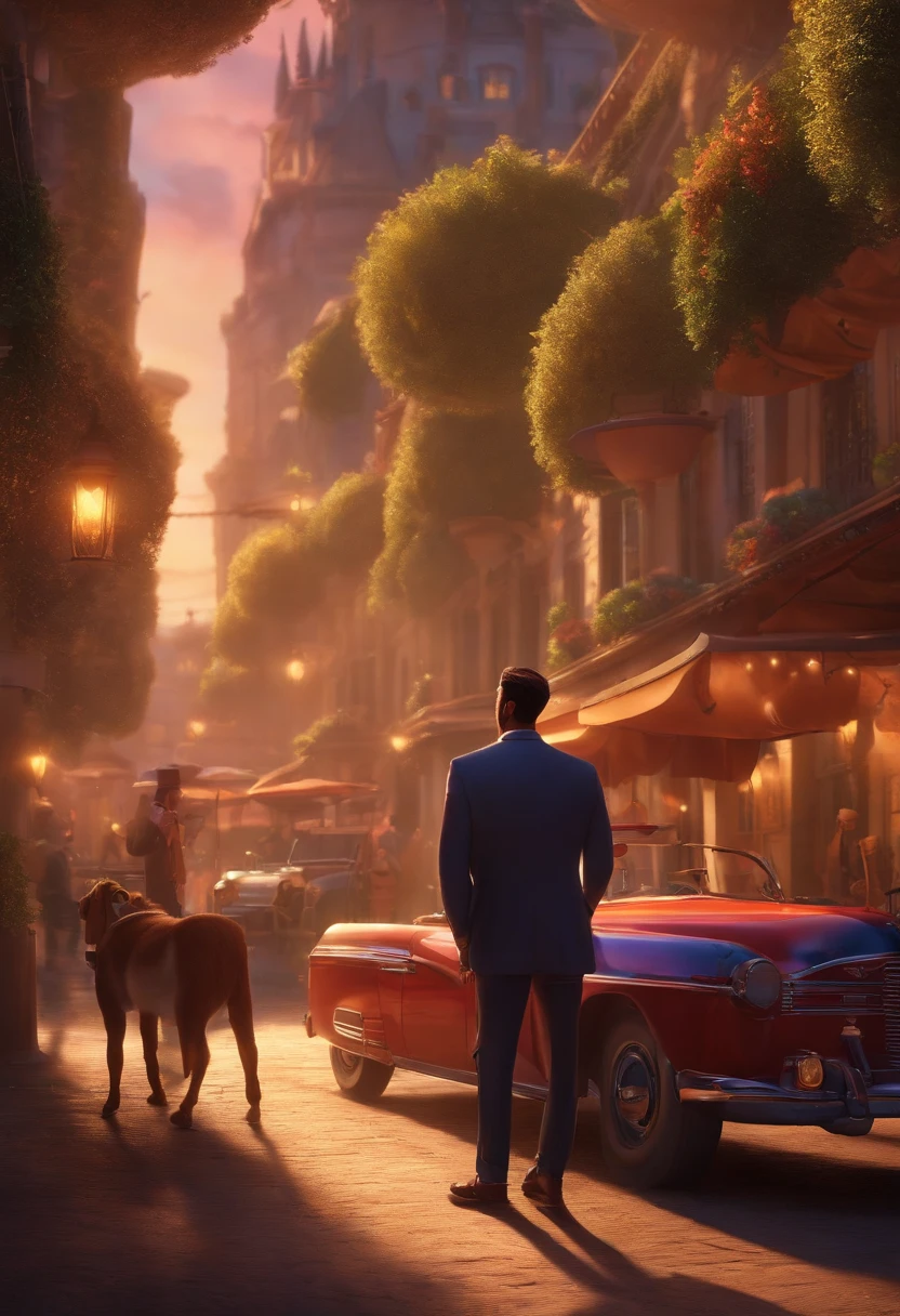 A city councilman looking at a dream project inspired by Pixar animation, de perto. The character takes center stage with captivating facial expressions, oferecendo um toque de irrealidade