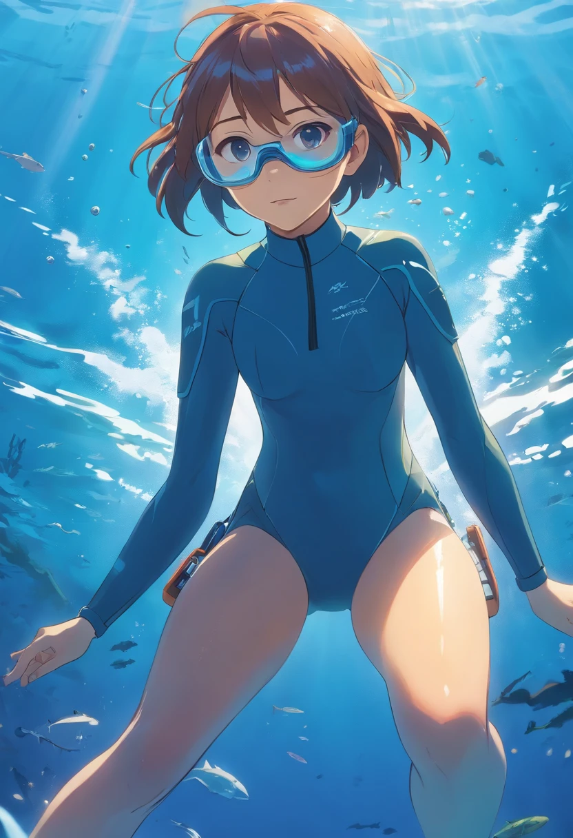 There was a woman on board wearing a wetsuit and goggles, Scuba diving, wet suit, a diver is under the sea, a diver is under the sea, cute girl wearing tank suit, adi meyers, subtle detailing, old scuba, alana fletcher, bottom angles, technical suit, triumphant pose, incredible depth, Beginner, reddit post, scuba mask