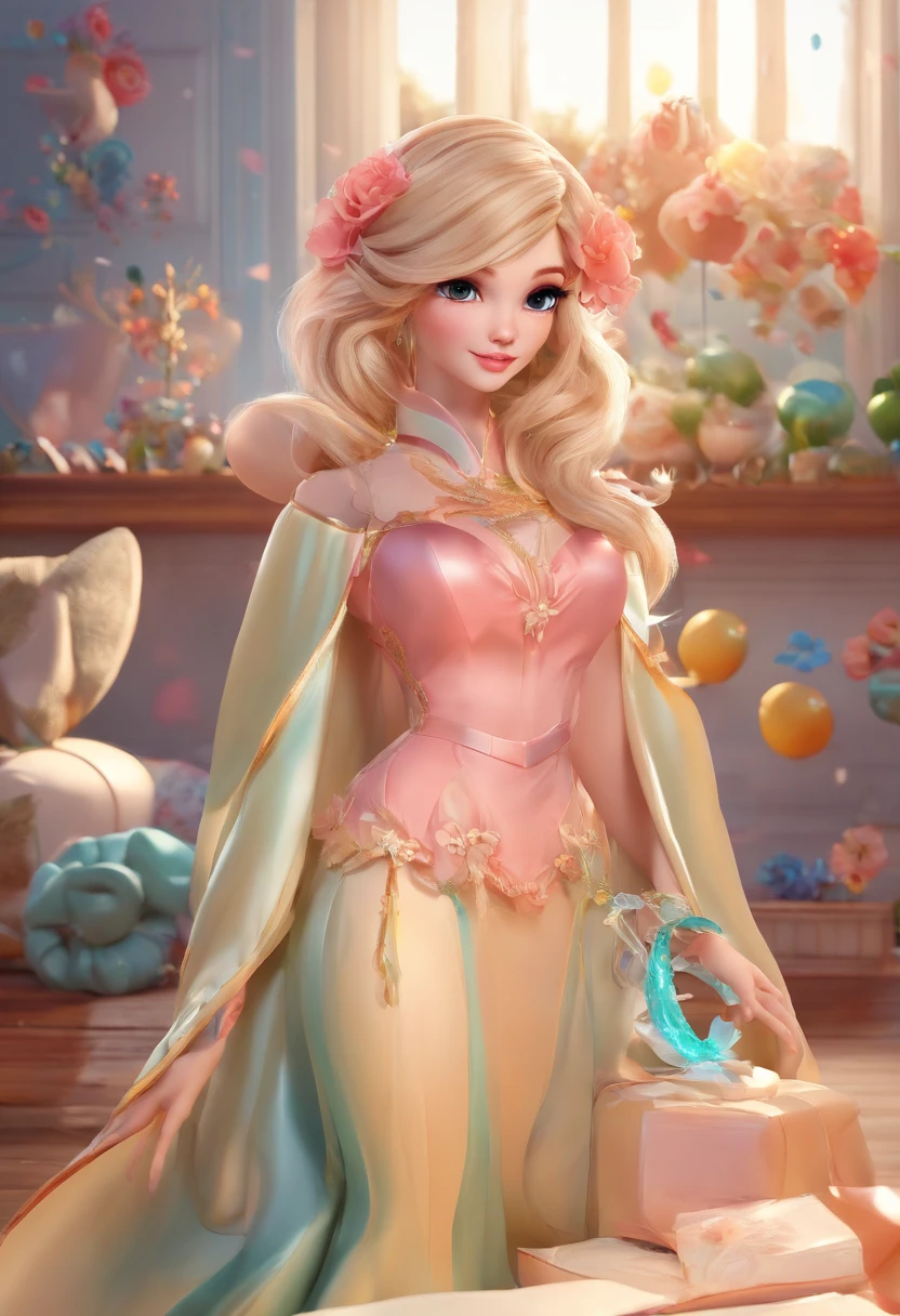 best quality, master part, fotorrealista, extremamente detalhado CG unidade 8k papel de parede, Chibi,1girl, Elsa,sozinho, cheio_corpo, sorrir, Olhando_em_visualizador, ao ar livre,