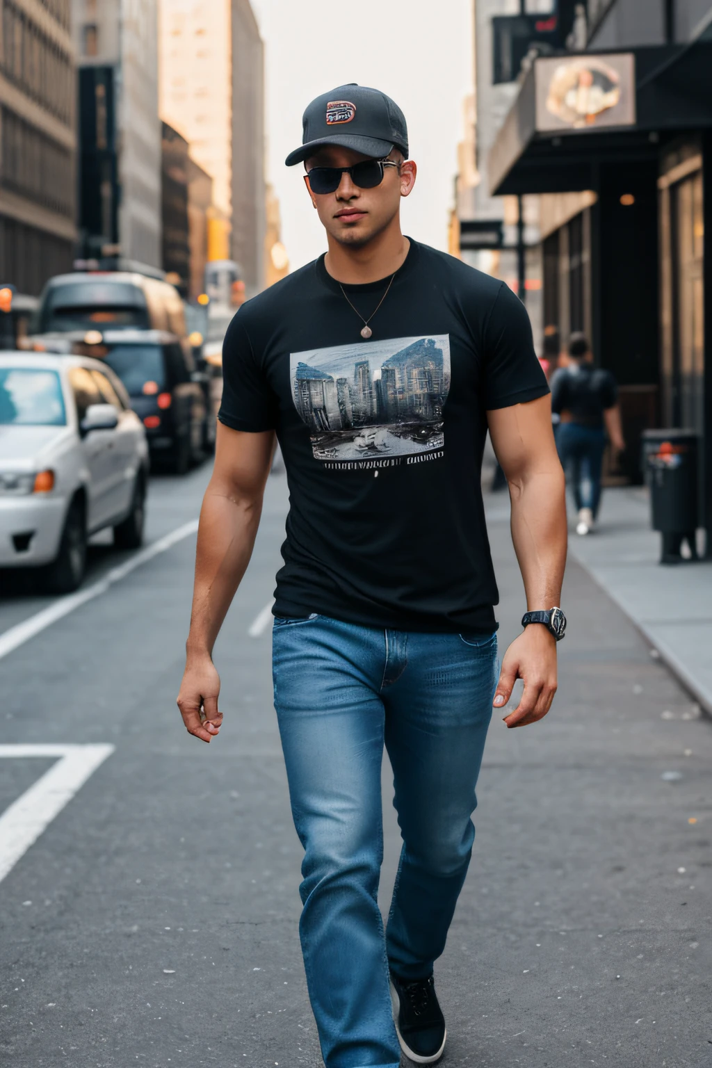 an attractive, manly young man dressed in t-shirt and jeans and dark sunglasses, with full body cap walking through the streets of new york , taken with Sony Alpha a9 II and Sony FE 200-600mm f/5.6-6.3 G OSS lens, natural light, hyper-realistic, ultra-detailed photography