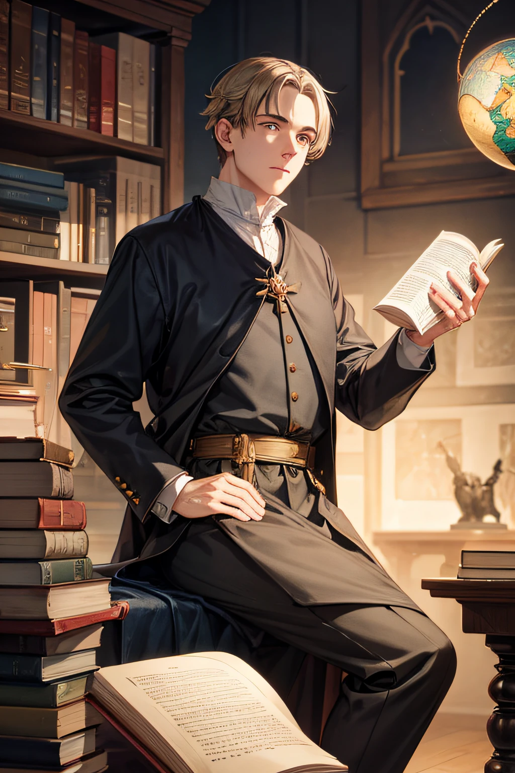 Thomas Aquinas with a book in his hand with his feet on the globe