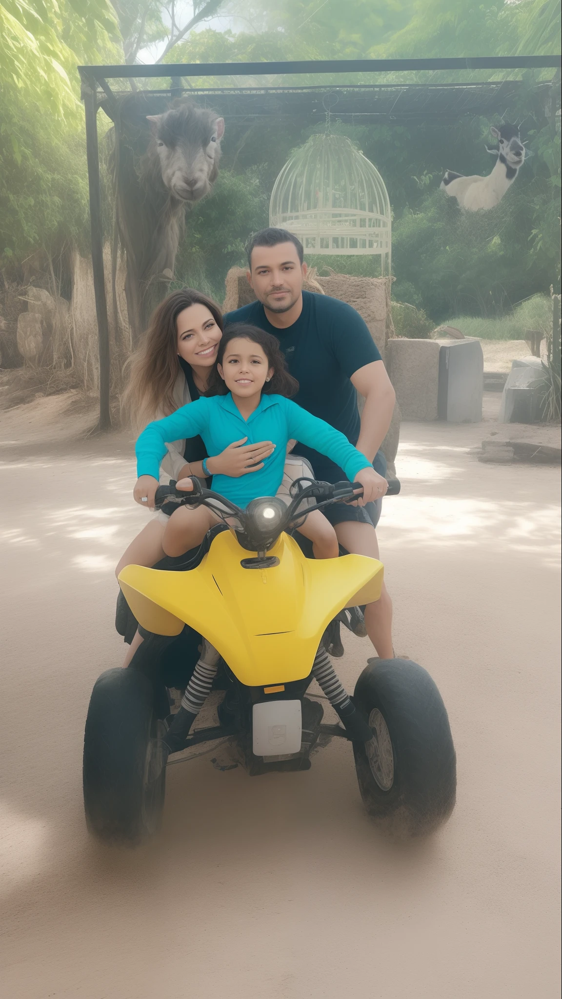 There's a man and a woman and a child riding on four wheels, vacation photo, Family photo, marido esposa e filho, divertindo-se, Familiar, fami, Divirta-se, Divirta-se, holiday season, aventura, Selvas ao fundo, pano de fundo, album photo, maxwell boas, Fotografia tirada em 2 0 2 0, cabrito, Karla Ortiz