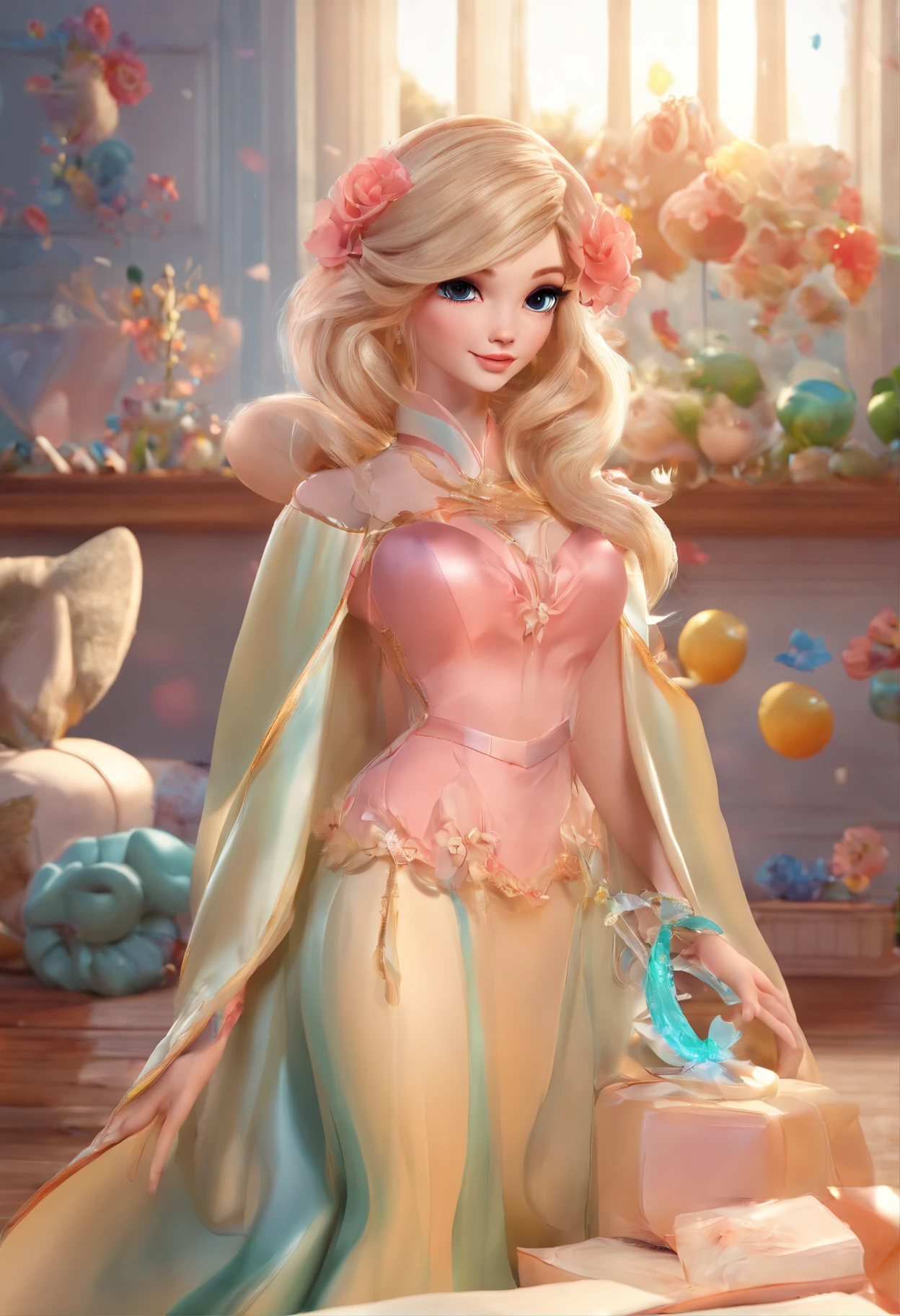 best quality, master part, fotorrealista, extremamente detalhado CG unidade 8k papel de parede, Chibi,1girl, Elsa,sozinho, cheio_corpo, sorrir, Olhando_em_visualizador, ao ar livre,
