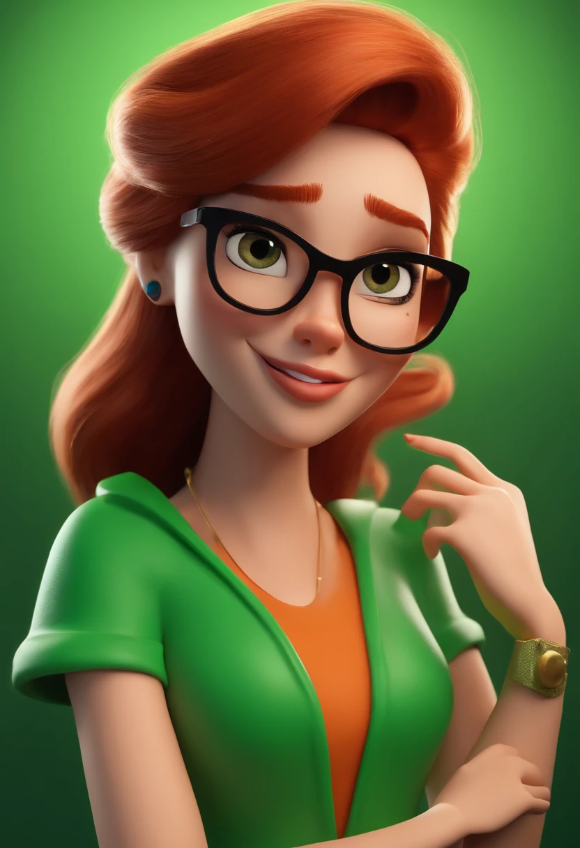 Cartoon character of a red-haired woman with black glasses and a green shirt, animation character, Caractere estilizado, animation style rendering, 3D estilizado, Arnold Maya render, 3 d render stylized, toon render keyshot, Personagem 3D, Personagem 3D, 3d rendering stylized, 3 d character render, personagem de desenho animado, Personagem de close up, Pose de personagem,  (Estilo Pixar) (master part:1.2) (Bokeh) (best quality) (pele detalhada) (textura detalhada) (8k) (argila) (Cinematic lighting) (foco nítido