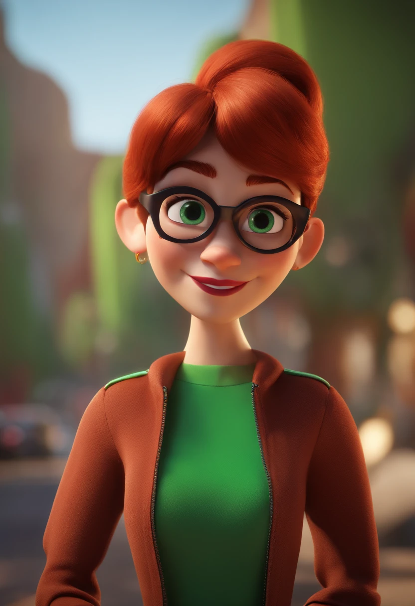 Cartoon character of a red-haired woman with black glasses and a green shirt, animation character, Caractere estilizado, animation style rendering, 3D estilizado, Arnold Maya render, 3 d render stylized, toon render keyshot, Personagem 3D, Personagem 3D, 3d rendering stylized, 3 d character render, personagem de desenho animado, Personagem de close up, Pose de personagem,  (Estilo Pixar) (master part:1.2) (Bokeh) (best quality) (pele detalhada) (textura detalhada) (8k) (argila) (Cinematic lighting) (foco nítido