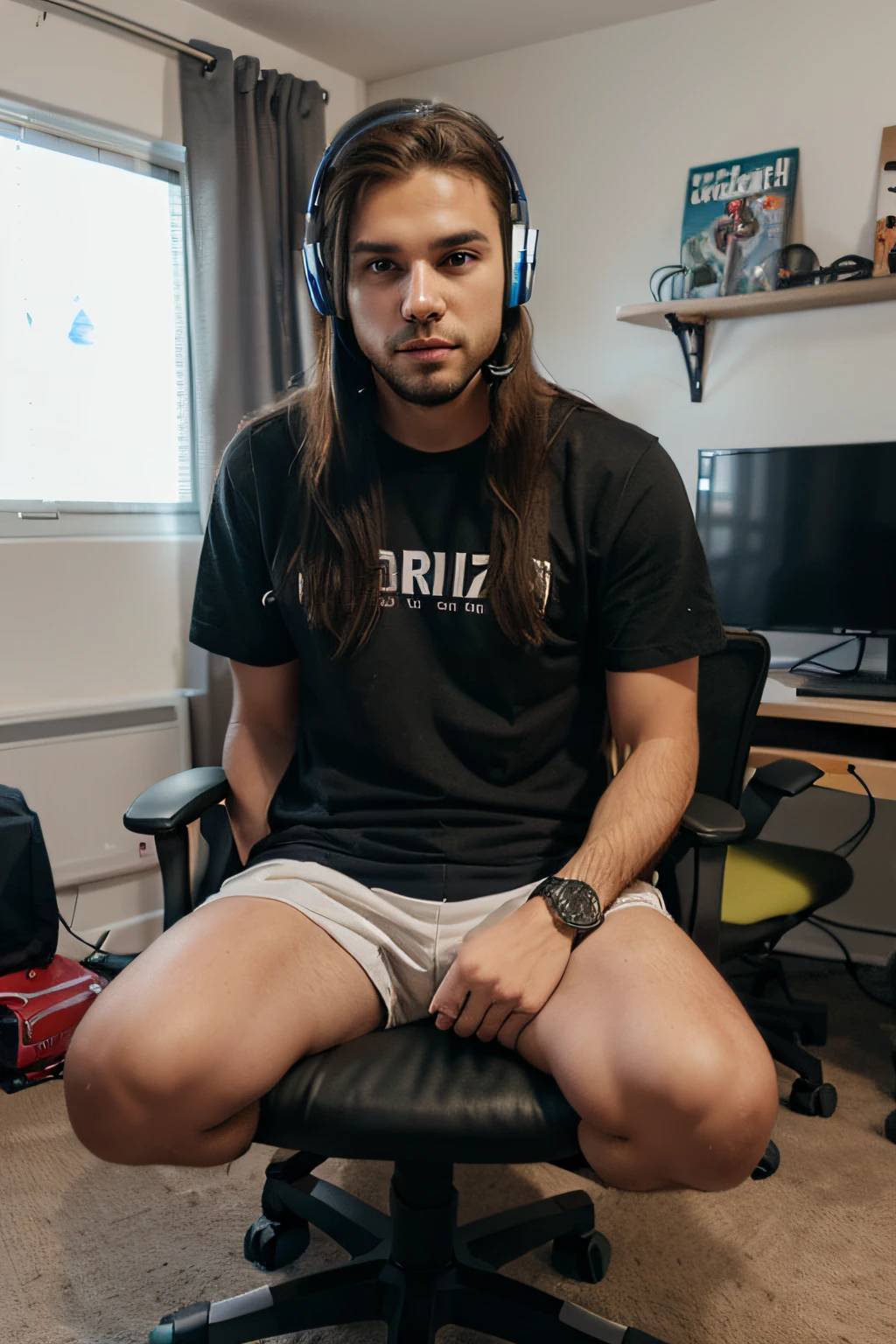 a man with long straight hair, no beard in his room with a computer in the background, sitting on a gaming chair, with a gaming headset and with a full bag in his hand