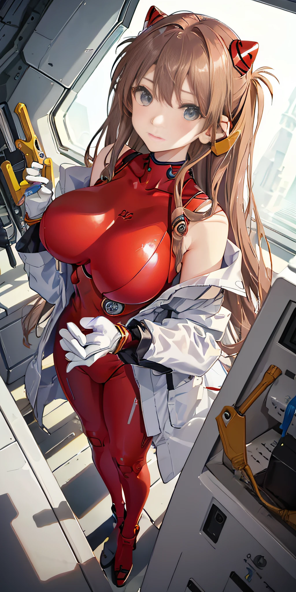 (Overhead view),dynamic ungle,ultra-detailliert, illustratio, a closeup, straight-on, 1girl in,
 ((Shikinami Asuka Langley、Interface headset、red body suit:1.4、A dark-haired))、huge-breasted、skinny limbs、Her eyes shone like dreamy stars(radiant eyes:1.233)、(beautifully detailed eyes:1.1)、(deadpan、a closed mouth)、(is standing)、
(Mechanic's room with tools and spaceship window in white spaceship)、
(natta:1.2)、dream-like、[[Delicate fingers and hands:0.55]::0.85]、(detail finger)、