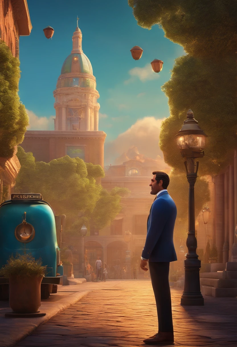 A city councilman looking at a dream project inspired by Pixar animation, de perto. The character takes center stage with captivating facial expressions, oferecendo um toque de irrealidade
