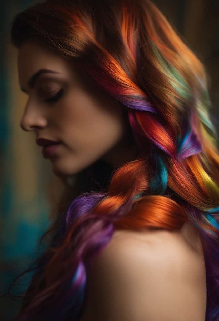 cabelos multicoloridos, fita de cabelo, Surrealismo, Cinematic lighting, Close-up, UHD, Detalhes altos, master part