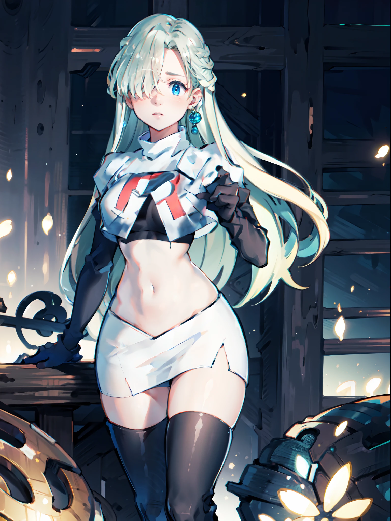 highres, hmeliza, 1girl, hair over one eye, jewelry,team rocket,team rocket uniform,white skirt,crop top,black thigh-highs,black elbow gloves,
