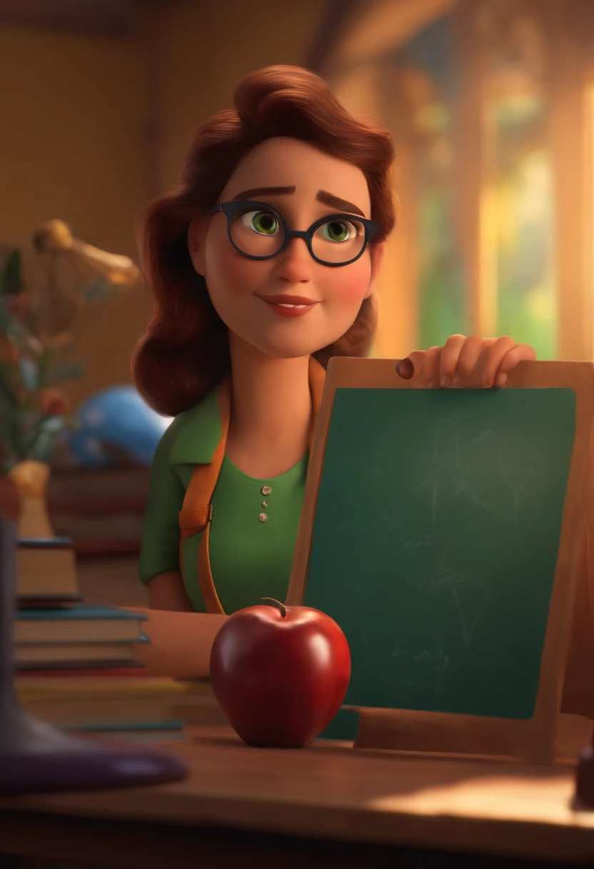 A teacher looking at a dream project inspired by Pixar animation, de perto. The character takes center stage with captivating facial expressions, oferecendo um toque de irrealidade
