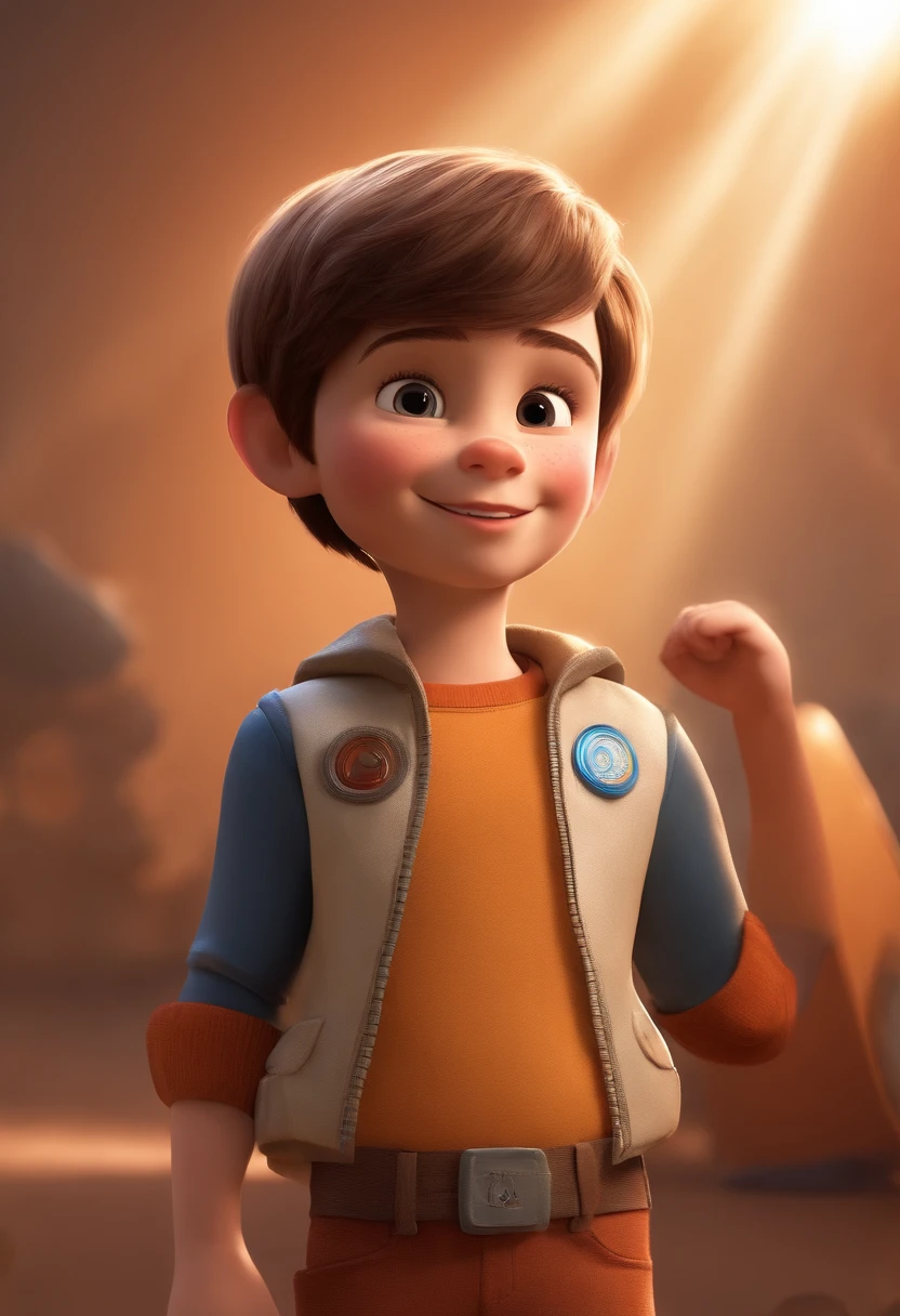 a happy cute standing short hair, vestindo uma fantasia espacial, , fundo branco, barnet, Tom, Estilo Pixar, ....3d, desenhos animados, rosto detalhado, asymmetrical 16k