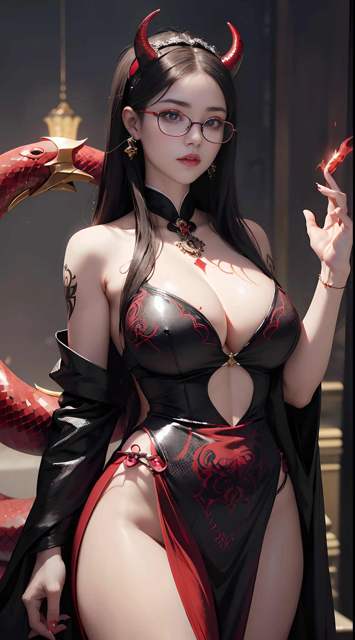 Fine、(The best illustrations)、8k UHD resolution、intricate-detail、top-quality、realisitic、ultra-detailliert、The best lighting、Best Shadows、Soft lighting、Ulutra HD、Ultra-realistic、Tindall Effect、Photorealsitic、(High Detail Skins:1.2)、 (Intricate details, makeup, pureerosface_v1:0.5), (Detailed beautiful delicate face, Detailed beautiful delicate eyes, A perfectly proportioned face, High detailed skin, Detailed skin, best ratio four finger and one thumb, arms below breasts, Tattoo with a red glow under the stomach、Awesome awesome, wide hips, smooth midriff, skiny and thin, __Fashion__, __hair__:1.25)、Digital SLR、 absurderes、1 beautiful devil woman from hell, surreal female portraits by David Hockney and Alphonse Mucha, Portrait of a seductive woman、Fantasy Art, Chinese Doll、Chinese actress、Dungeon、The dragon、Devil's Palace、Devil's Torture Chamber、natta、Dark style 、In the Dark、(Detailed spooky backgrounds:0.8), magia、 1人、Evil Nun、Dark Necromancer、Succubus、Devil's Daughter、Umi Shinonome、Bat Wings，(((Demon Horns)))、 ((((Huge glasses, Otaku Glasses, thick glasses, Round glasses)))),(((Colossal tits)))、(Devil's Tail)、(red eyes glowing:1.6)、red eyes make up very sharp and detailed, The eyes are very well made up, ((Red Eye:1.0)),intricate tattoos, demonic intricate tattoos, thigh tattoos, body tattoos, ​masterpiece、The most beautiful face、a baby face、Charming smile、plump beautiful red lips、Muscular seductive body、The enchanting body of the devil、devil style、Seductive Black Magic Costume、(((A shiny red snake is wrapped around her body)))、The long-haired、Braids、Black hair、Ponytail distortion、, Ponytail with a bow tied at the back of the hair, Beautiful expression、Body Up、Large breasts emphasis、Bust,  Super tight breasts, Breast augmentation surgery, The breasts are very big and round and round,Toned waist、Wide buttocks、 lowkey, cowboy lens, (Black Phoenix Dress: 1.0),  devil crown,  Red sparkling gemstone necklace、Jewelry Gwise,  wearing black mesh socks,wearing a thin red a