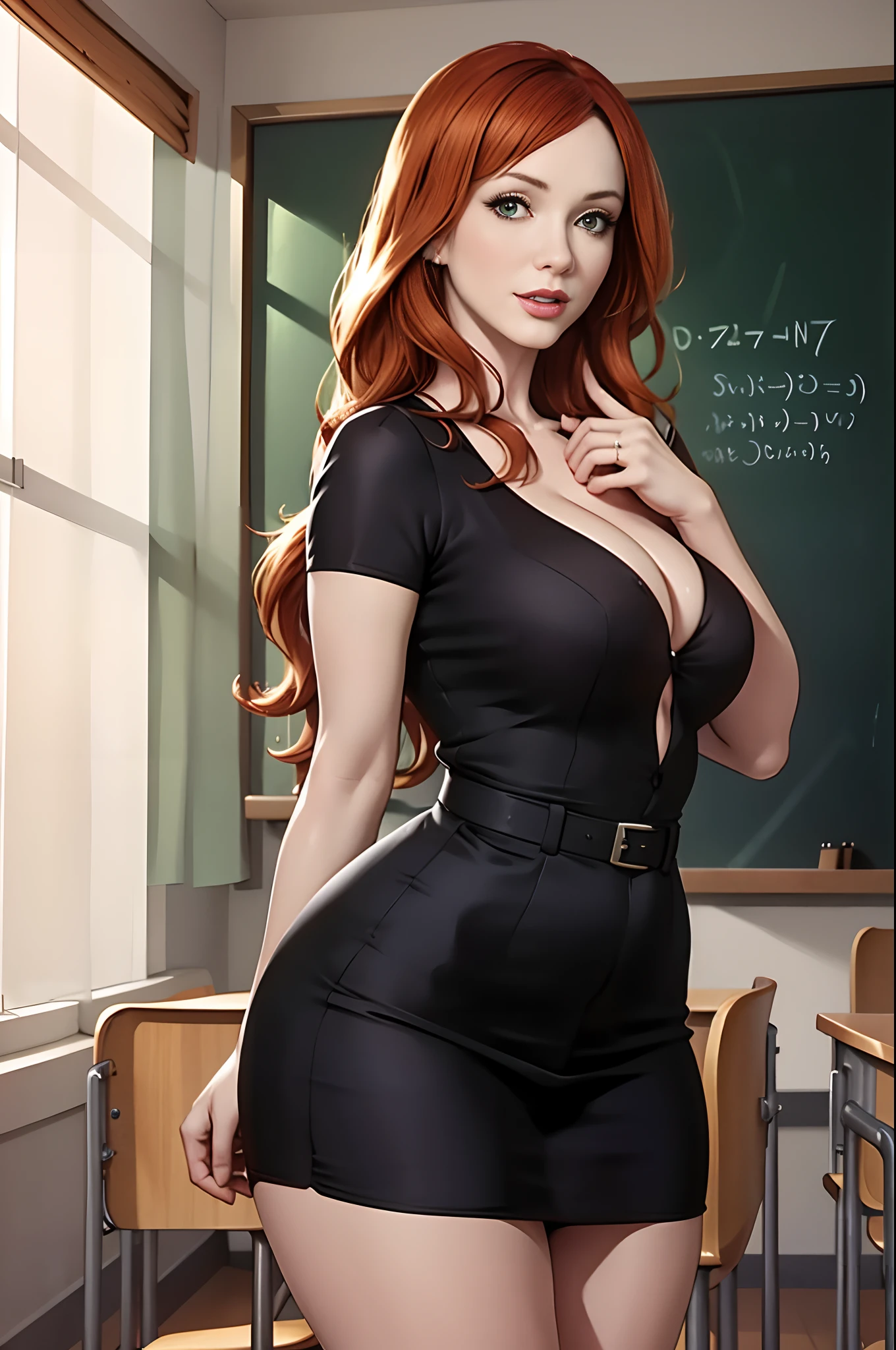 Christina Hendricks, very long hair, in classroom, realistic, teacher outfit, blackboard in background, detailed, studio lighting, realistic shadows, sexy pose, small breasts,