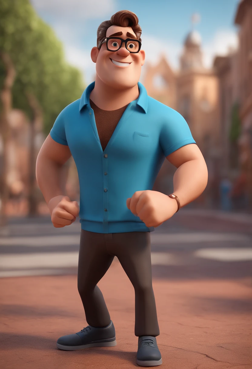 Cartoon character of a man with black glasses and a blue shirt, animation character, Caractere estilizado, animation style rendering, 3D estilizado, Arnold Maya render, 3 d render stylized, toon render keyshot, Personagem 3D, Personagem 3D, 3d rendering stylized, 3 d character render, personagem de desenho animado, Personagem de close up, Pose de personagem, (Estilo Pixar) (master part:1.2) (Bokeh) (best quality) (pele detalhada) (textura detalhada) (8k) (argila) (Cinematic lighting) (foco nítido