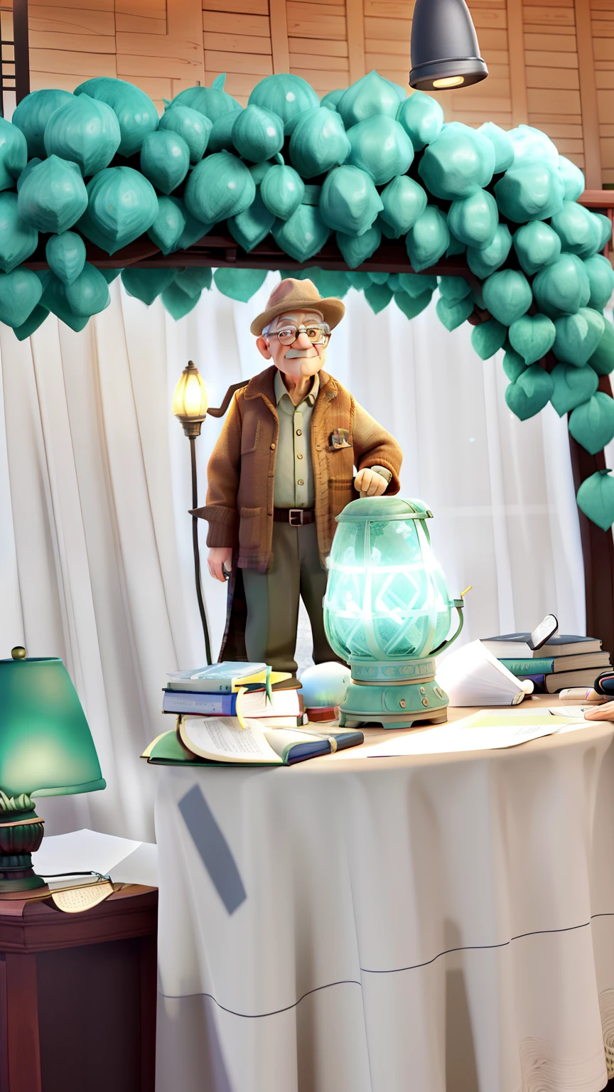 A wise old man standing in front, illuminated by the light of a lamp, against the backdrop of a library