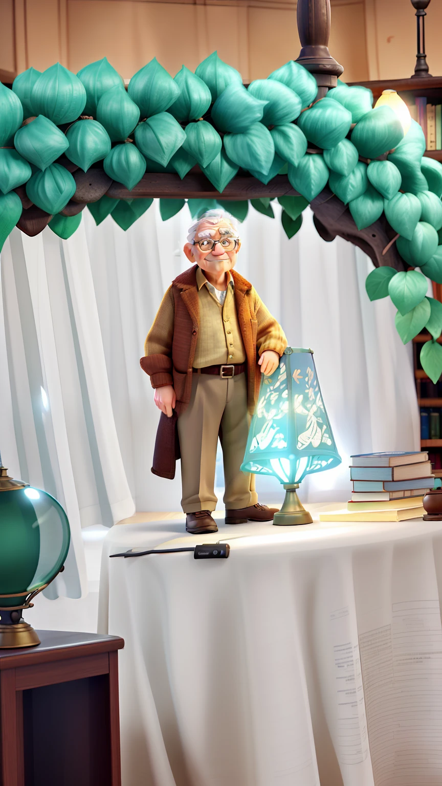 A wise old man standing in front, illuminated by the light of a lamp, against the backdrop of a library