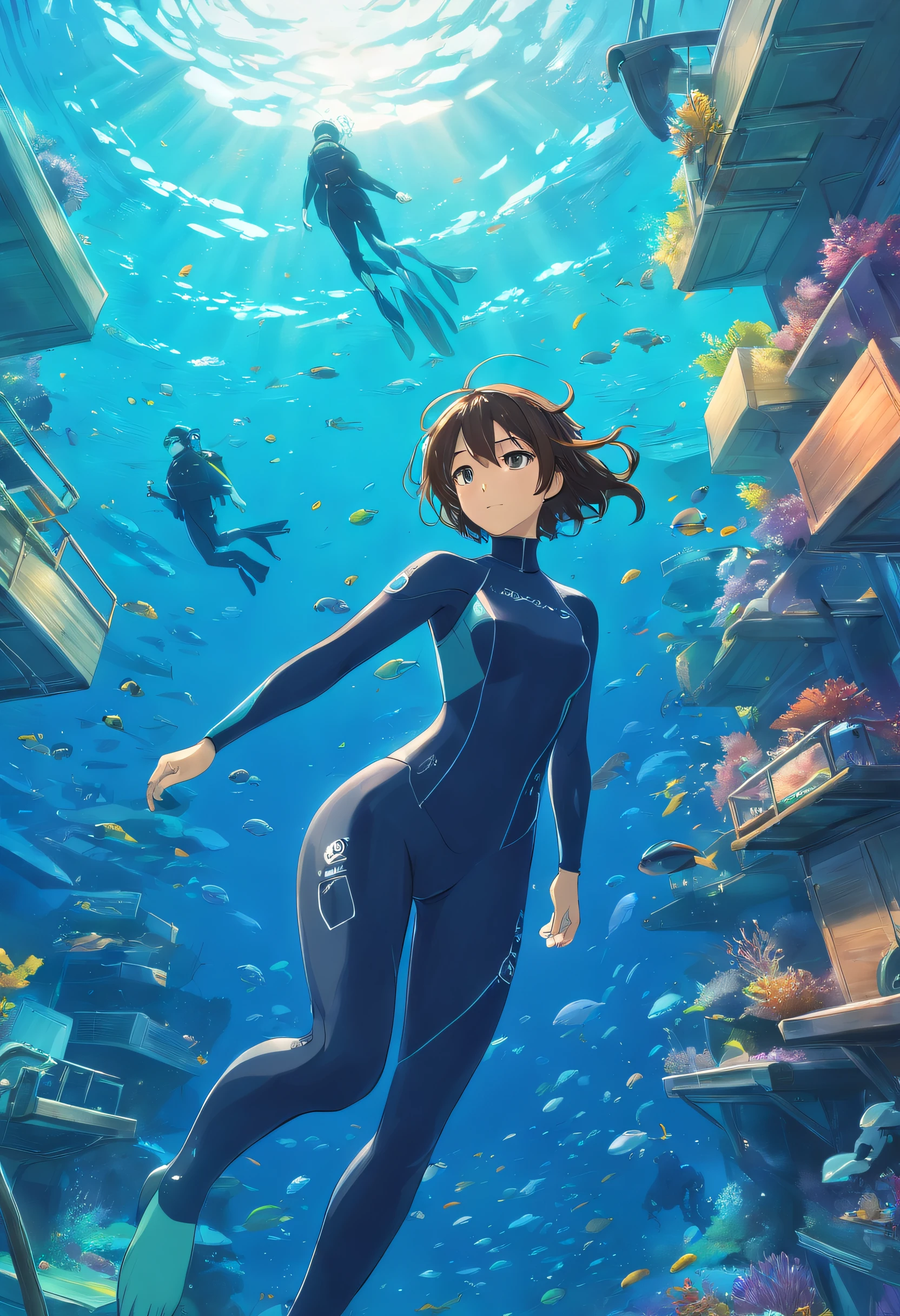 There is a woman in a wetsuit and goggles during a diving course, Instagram, a diver is under the sea, a diver is under the sea, old scuba, Gopro shooting, Discarded scuba visors, Underwater perspective, 3 6 0 capture, amanda clarke, underwater shot, self-shot,