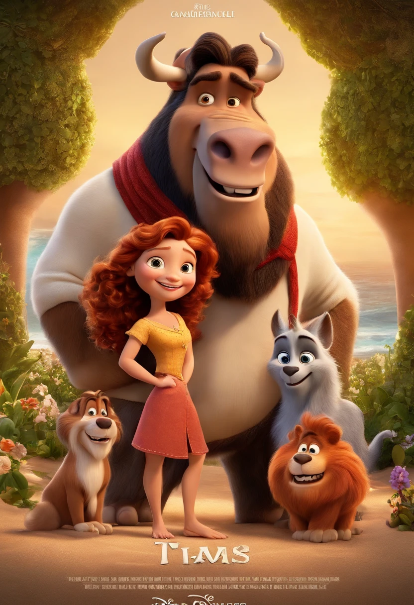 a Disney Pixar movie poster showing a white-skinned family. The father is the tallest, Tem barba curta, loiro, cabelos curtos e espinhosos. The mother has brown eyes and hair, shoulder-length and is slightly overweight. A menina tem 4 anos e cabelos castanhos, roupa rosa e rabos de cavalo. The background is a beach garden. 3D-rendering