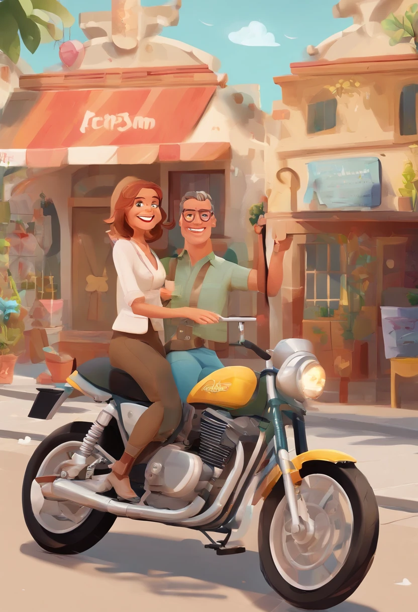 An illustration of an adorable couple, feliz e sorrindo com os dentes aparecendo. Destaque para um homem branco de 50 anos, com barba grisalho por todo o rosto. cabelos grisalhos penteado moderno com topere, magro, com jaqueta de couro motociclista e uma mulher morena com lindos olhos expressivos e pele paeda. They're in a motorcycle shop each with a smile on their face, e compartilhar um momento especial caracterizado pelo amor, Insights. Illustrate this scene from a perspective where they are facing the camera, Smiling and Showing Your Connection. Desenvolva esta arte em Full HD, Focus on your cinematic touch, Estilo Disney Pixar Animations