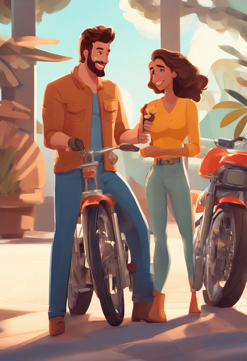 An illustration of an adorable couple, feliz e sorrindo com os dentes aparecendo.  Destaque para um homem branco de 50 anos, com barba grisalho por todo o rosto.  cabelos  grisalhos penteado moderno com topere, magro, com jaqueta de couro motociclista e uma mulher morena com lindos olhos expressivos e pele paeda. They're in a motorcycle shop each with a smile on their face, e compartilhar um momento especial caracterizado pelo amor, Insights. Illustrate this scene from a perspective where they are facing the camera, Smiling and Showing Your Connection. Desenvolva esta arte em Full HD, Focus on your cinematic touch, Estilo Disney Pixar Animations