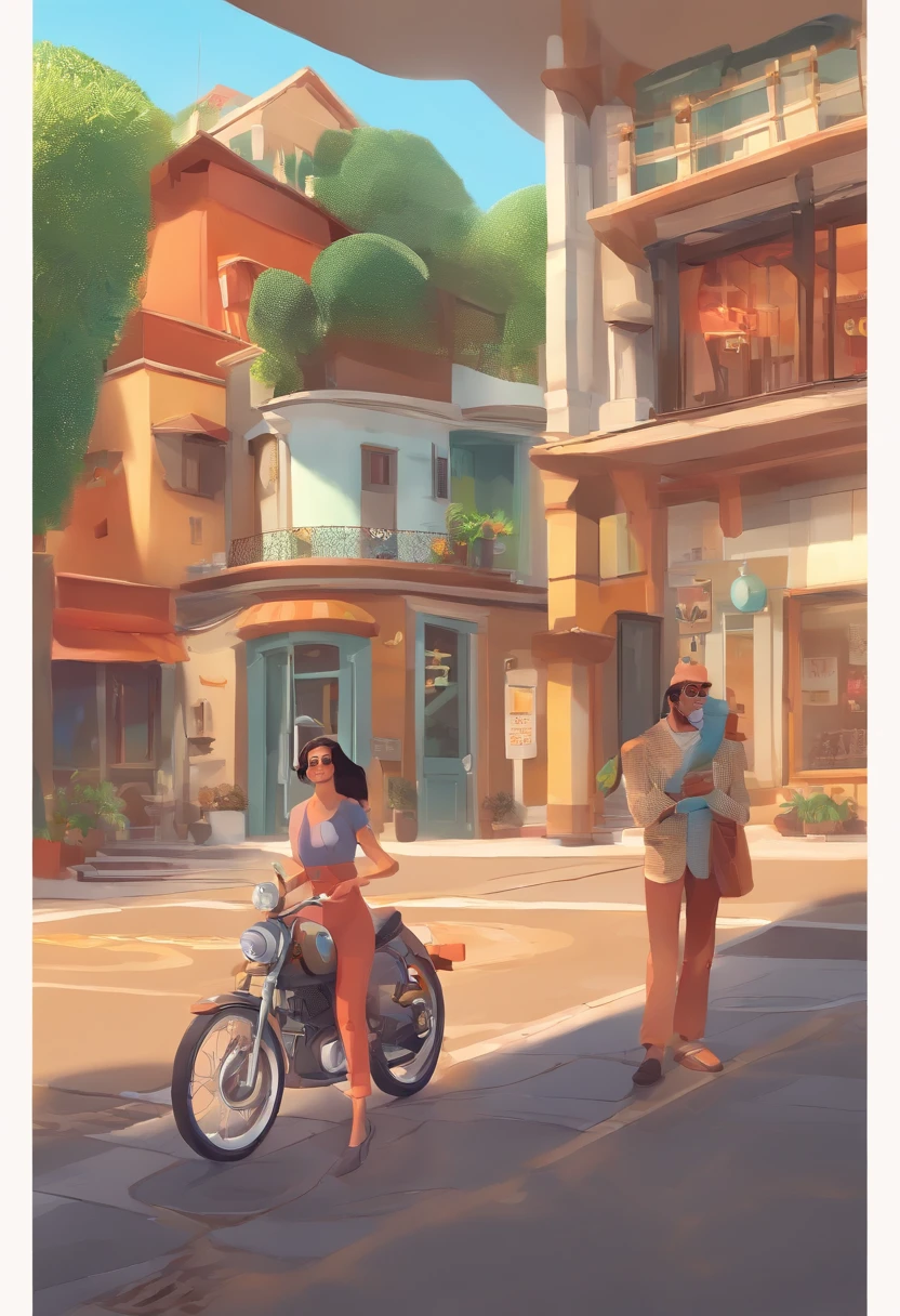 An illustration of an adorable couple, feliz e sorrindo com os dentes aparecendo. Destaque para um homem branco de 50 anos, com barba grisalho por todo o rosto. cabelos grisalhos penteado moderno com topere, magro, com jaqueta de couro motociclista e uma mulher morena com lindos olhos expressivos e pele paeda. They're in a motorcycle shop each with a smile on their face, e compartilhar um momento especial caracterizado pelo amor, Insights. Illustrate this scene from a perspective where they are facing the camera, Smiling and Showing Your Connection. Desenvolva esta arte em Full HD, Focus on your cinematic touch, Estilo Disney Pixar Animations