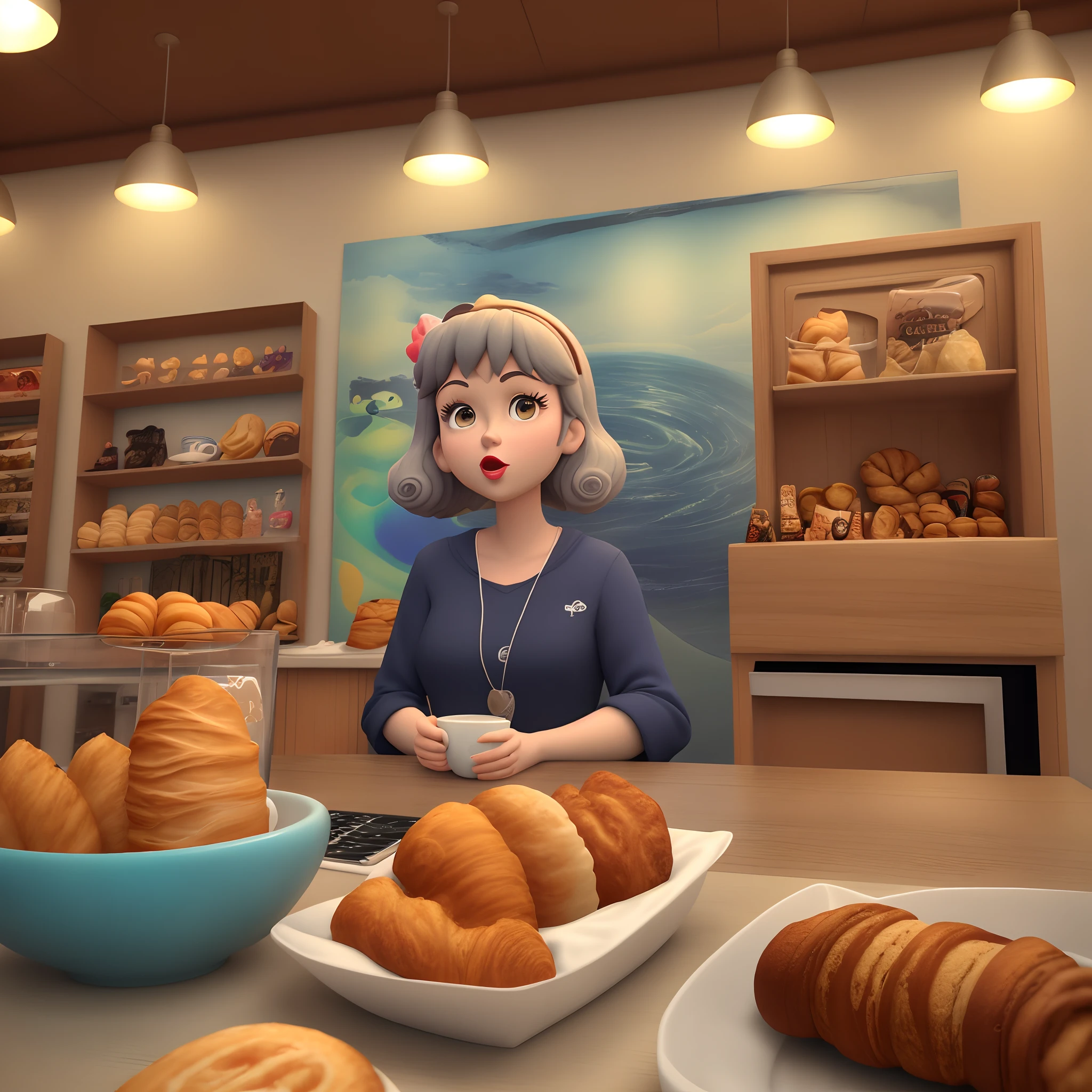 Arte Disney 3D Pixar , ambiente em lanchonete pequena, com bolos e lanches na mesa, coffe in desk, croissants na mesa, refrigerantes na mesa, cores, very artistic, Water in the glass, prateleiras, colorido, Sales Desk