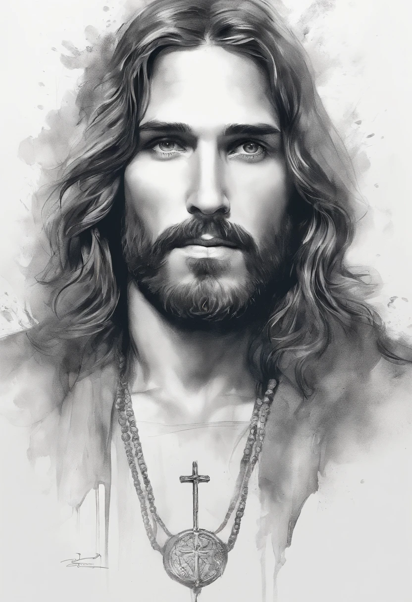 Jesus Chisth face Desenho a tinta, digital illustation, Estilo de banda desenhada, Aquarela, estilo artstation, arte conceitual, 2d illustration, por Peter Draw, por Carne Griffiths, Directed by: Wadim Kashin, corpo inteiro, Centrado,circunstanciado, liso, dynamic pose, --v 5.1 --ar 3:4