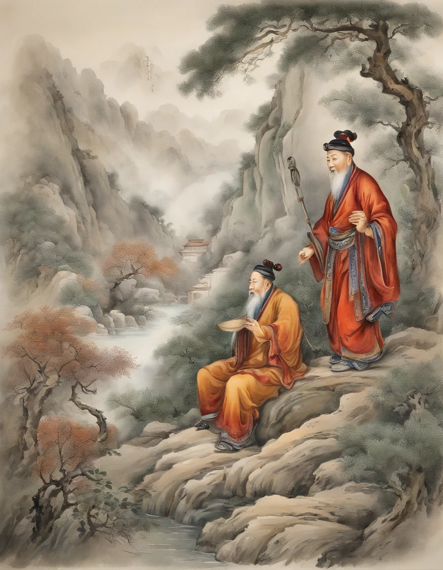Chinese men, The Drunken Eight Immortals gathered in the dense wormwood bushes，Wormwood in the hand