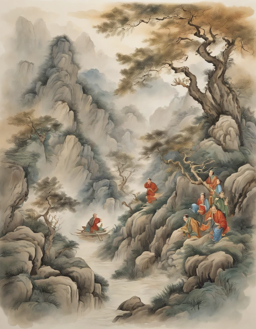 Chinese men, The Drunken Eight Immortals gathered in the dense wormwood bushes,Wormwood in the hand