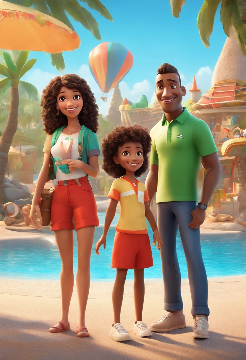 a Disney Pixar movie poster showing a family of a couple with their 4--old ghter having fun on vacation together, with the background of a water park. 3D Animation Movie Poster, Poster de filme animado, pixar 3 d animation style. Com pai de pele branca, com 45 anos de idade, Tem barba curta grisalha, calvo, hair only on the sides very short, magro, light brown eyes wearing a green polo shirt and backpack but black back and red Lacoste cap. The mother is 45 years old, pele branca, de olhos e cabelos castanhos, shoulder-length hair and is slightly overweight. A menina tem 4 anos, She is black-skinned with light brown and curly hair, de olhos envolventes pretos, bem magricela. 3D-rendering