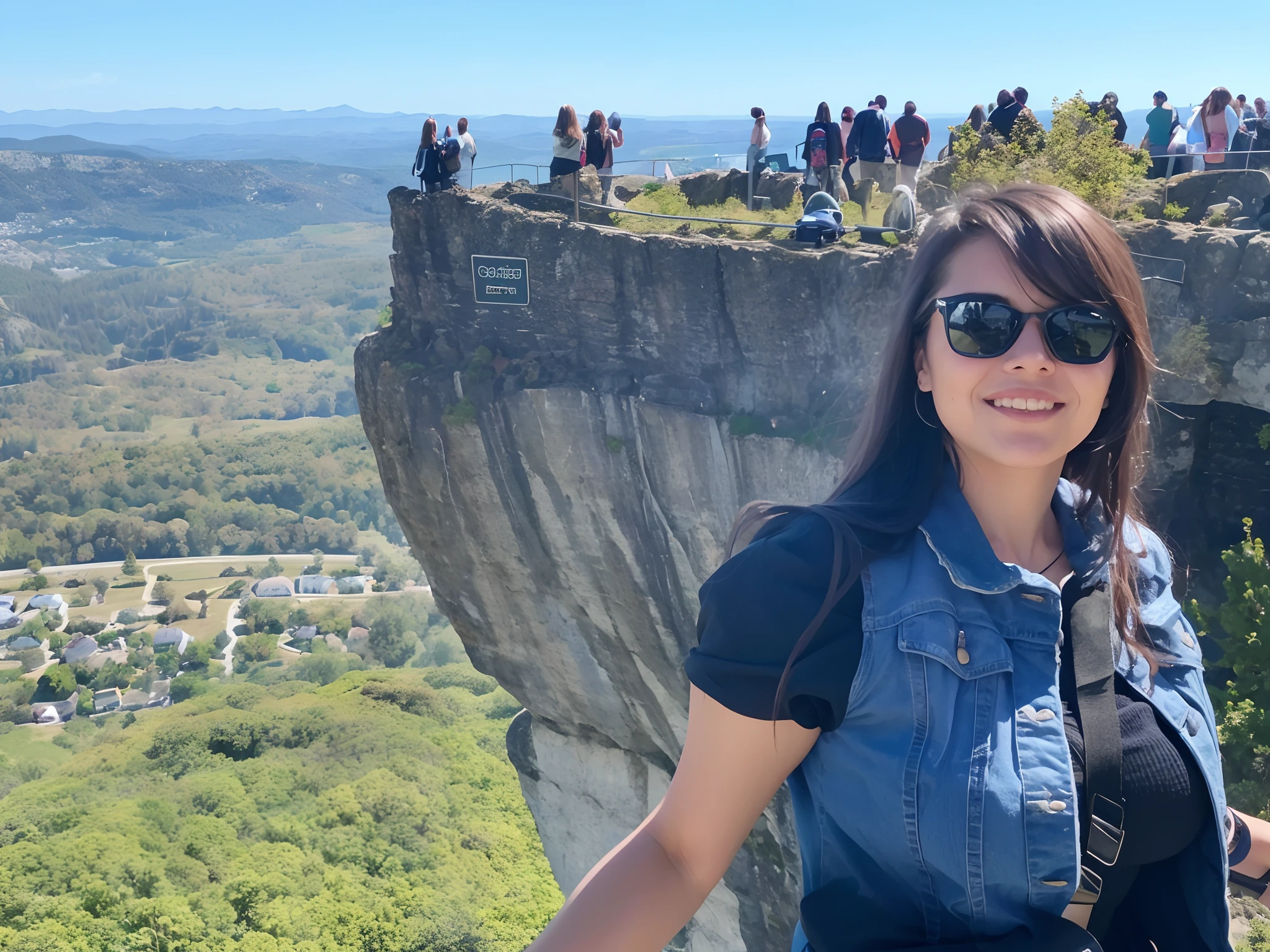 woman standing on a cliff with a view of a valley and a city, standing in front of a mountain, standing on a cliffside, girl standing on cliff, standing on a cliff, standing on top of a mountain, at the top of a mountain, standing on the edge of a cliff, with mountains as background, on the top of a mountain