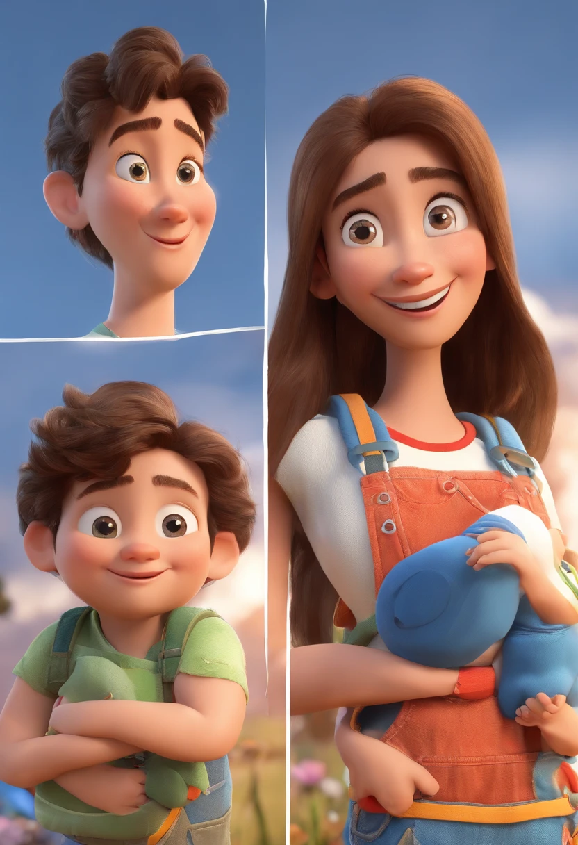 Estilo Pixar: Familia, The mother and two boys. Um menino de 12 anos cabelo castanho, pele parda e olhos castanhos, usando camiseta preta e shorts preto e o outro, A fair-skinned newborn baby, cabelos e olhos castanhos, wearing blue overalls. Uma fazenda com vacas lindas e marrom .
