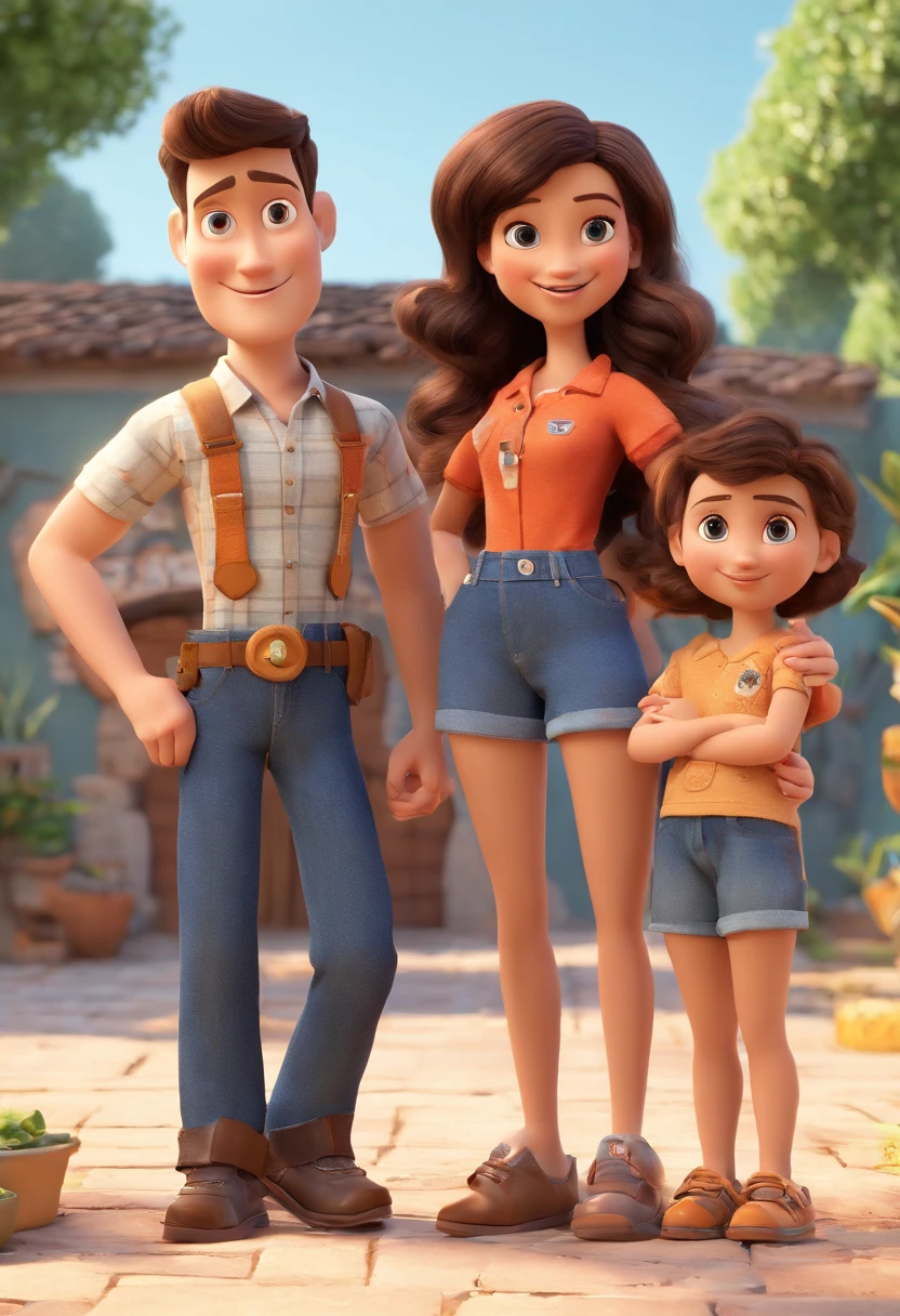 Estilo Pixar: Familia, The mother and two boys. Um menino de 12 anos cabelo castanho, pele parda e olhos castanhos, usando camiseta preta e shorts preto e o outro, A fair-skinned newborn baby, cabelos e olhos castanhos, wearing blue overalls. Uma fazenda com vacas lindas e marrom .