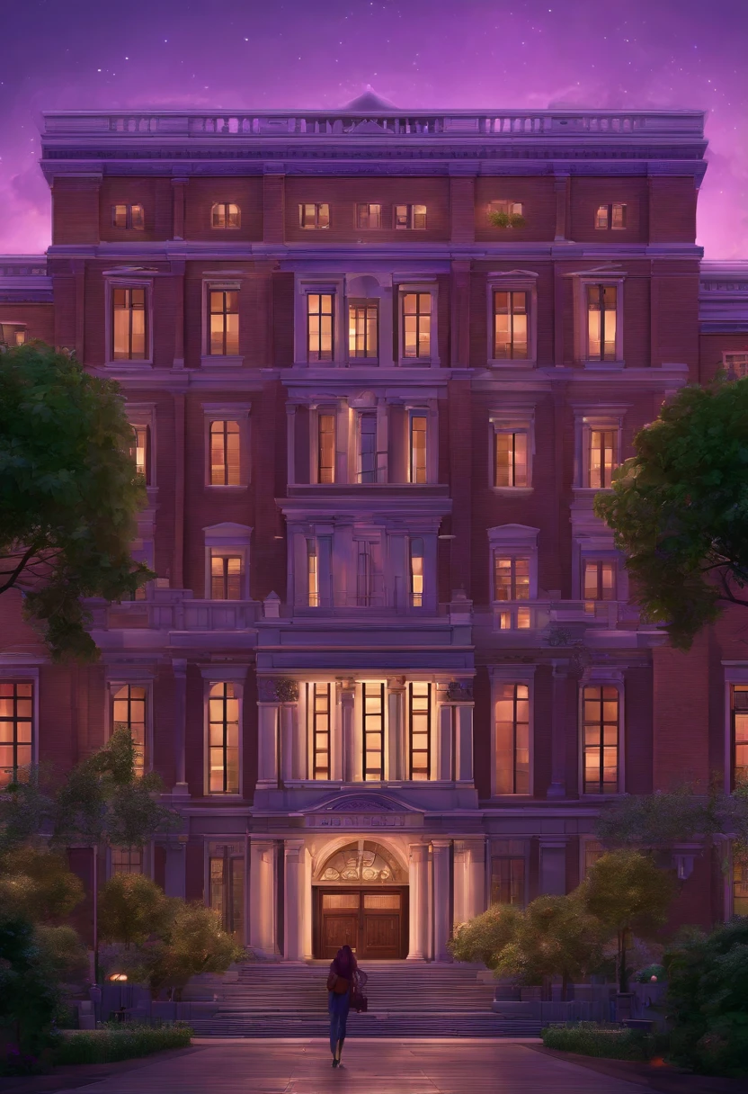 college building, School facade written "inteli", digital art, buildings and trees around, 3d drawing, pixar disney, animation, illustrated city color, shades of purple, Pixel Art, high quality