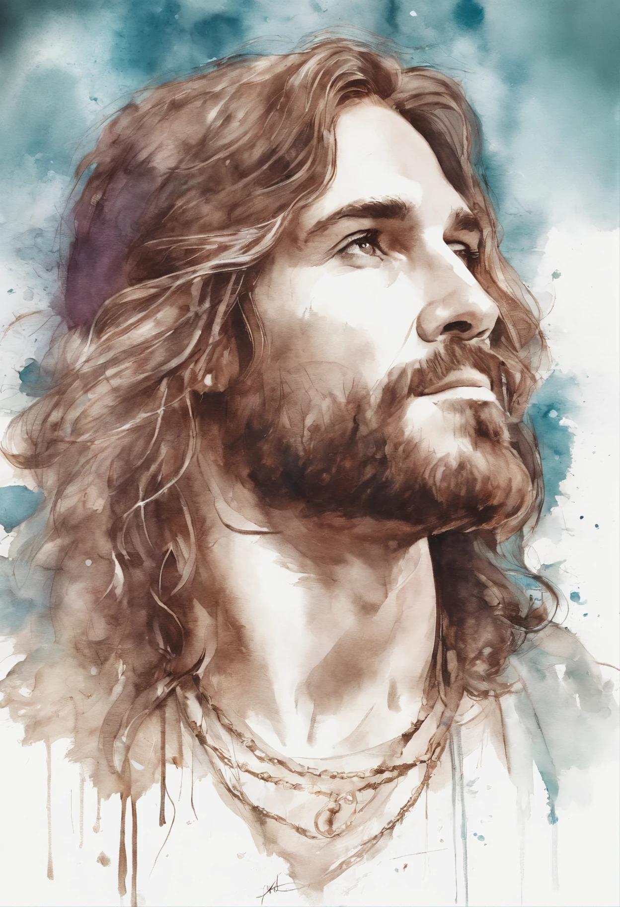 Jesus Chisth face Desenho a tinta, digital illustation, Estilo de banda desenhada, Aquarela, estilo artstation, arte conceitual, 2d illustration, por Peter Draw, por Carne Griffiths, Directed by: Wadim Kashin, corpo inteiro, Centrado,circunstanciado, liso, dynamic pose, --v 5.1 --ar 3:4