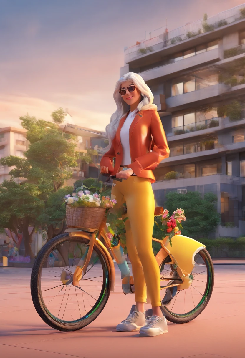 Cena estilo Disney pixar de Jovem de 40 anos, branco cabelos loiros longos, with braid,andando de bicicleta na pista, bicicleta amarela, loira com roupa colada de ciclista e capacete preto, mulher de nome kerliny