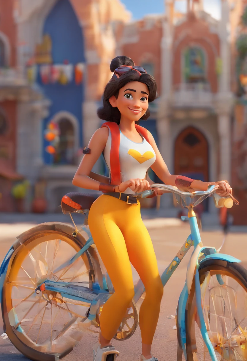 Cena estilo Disney pixar de Jovem de 40 anos, branco cabelos loiros longos, with braid,andando de bicicleta na pista, bicicleta amarela, loira com roupa colada de ciclista e capacete preto, mulher de nome kerliny