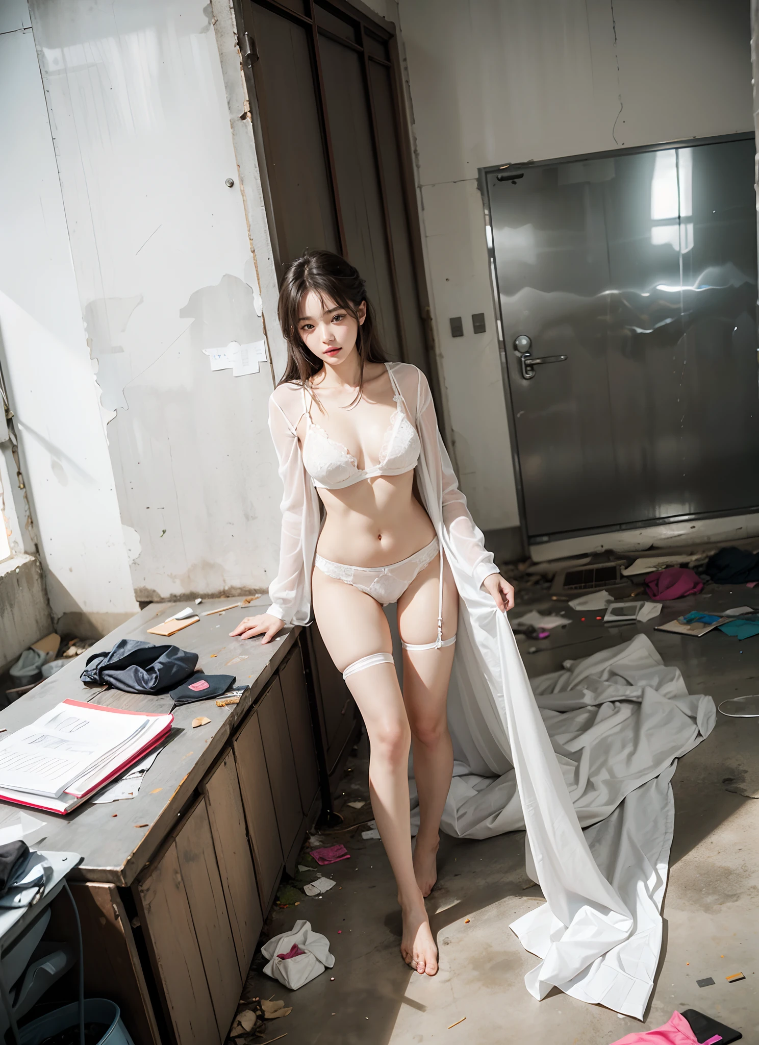 tmasterpiece，photograph realistic，Abandoned schools，In a room full of garbage，Dirty 1.5，Very beautiful 25 year old Korean girl，Sexually harassed by 5 men，Raped by 5 men，White transparent sexy lingerie exposed ，White transparent panties recede to the crotch，Leaky，very beautiful long slim legs，The barefoot，Random systemic exposure，Extreme exhibitionism，(((Systemic random exposure)))