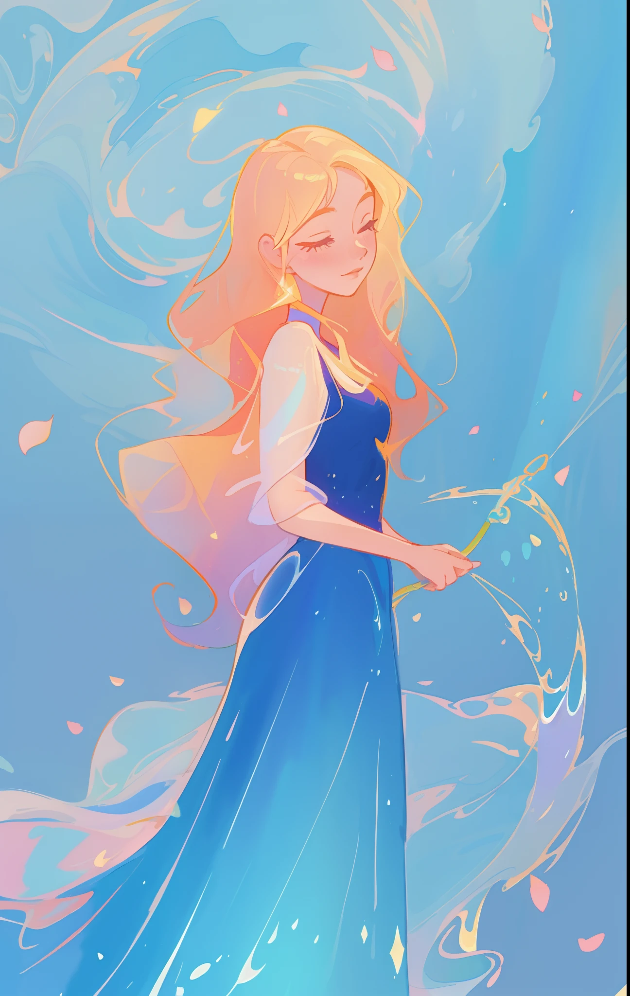 beautiful girl in flowing blue gradient dress, long wavy flowing gold hair, swirling liquid lines background, watercolor illustration, inspired by Glen Keane, inspired by Lois van Baarle, disney art style, by Lois van Baarle, glowing aura around her, by Glen Keane, jen bartel, glowing lights! digital painting, flowing glowing hair, glowing flowing hair, beautiful digital illustration, fantasia otherworldly landscape plants flowers, beautiful, masterpiece, best quality, anime disney style